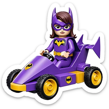 Hot full size real-appearance retro electric racing action BatGirl’s Lego feminine midnight-purple tight outfit sixty’s tv show 1992 stealthy retro sporty safe plush petite off-road pursuit hovering hover cruiser car rose gold accents (black hair,reclined and relaxed seating position) go kart  sticker
