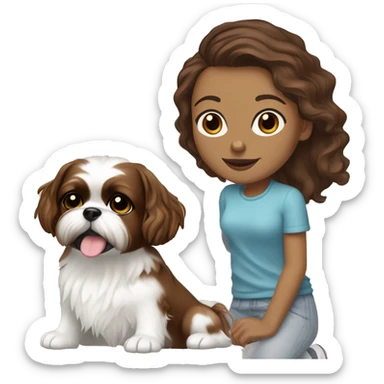 young woman with light bron skin, big brown eyes, tiny nose, long chocolate wavy hair. With a pair of sneakers on the background, add a house to the background, a shihtzu and a cihuahuadog sticker