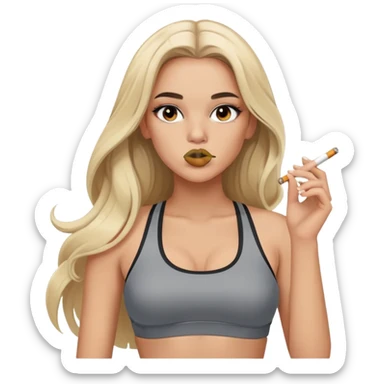 blonde gorgeous girl long hair with latina makeup smoking a cigarette and blowing smoke grey sports bra sticker