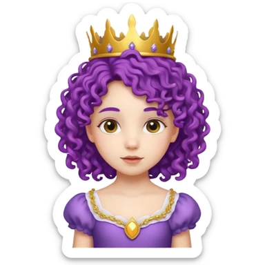 Princesses kid girl, with Gold Crown and flower on purple curly hair, with white dress sticker