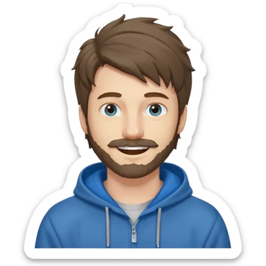 25 year old man, short scruffy beard and thin moustache, brown puffy mullet, blue eyes, big smile, white teeth, big lips, pronounced jaw, hair longer in back, sticking up on top, thin face, grey hooded sweatshirt, pale skin, big smile, blue eyes, puffy hair sticker