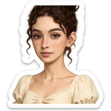 Portrait of a cute white-skinned girl with a V-shaped face and slim build, dark brown curly hair up to shoulder blades styled in a messy bun with two curly strands and a mini curl in front of each ear. Large almond-shaped brown eyes with a neutral to positive gaze, very long lashes, subtle straight brown eyeliner, brown waterline. Medium Greek nose, straight and slightly thick brown eyebrows, medium lips with light brown lipstick. Noticeable cute pink blush, few freckles on cheeks and nose, wearing coquette style clothing. Piercings: 1, 2, 3 lobes, helix and tragus on each ear. Neutral background. sticker