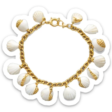 Shell bracelet made out of small white shells linked together with gold chain  sticker