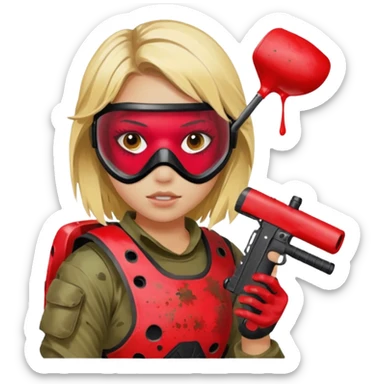 blond girl playing paintball with red paintball face mask sticker