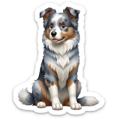 cinematic-[australian shepherd dog]-realistic-full-body-sitting-emoji,-tail-resting-loosely-beside-its-paws,-head-tilted-dramatically,-scruffy-[blue merle]-fur,-simplified-yet-realistic-focused-features,-highly-detailed,-glowing-with-an-almost-sarcastic-glow sticker