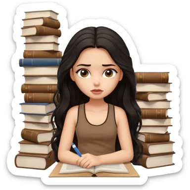 a pretty bratz light dusky girl with long wavy black hair in a brown tank top studying and lookinh tired with stacks of books and papers sticker