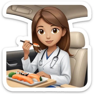 My little girlfriend Emmy, she is cute, is skinny, likes to eat sushi, wears scrubs. Has brown high with highlights, drives white tesla sticker