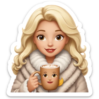 Tanned Girl with lashes , blonde hair, in an extremely big fluffy oversized coat and hold hot chocolate drink and half moon eyes , big lip sticker