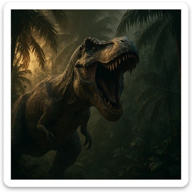 A T-Rex roaring with palm trees, inspired by Jurassic Park, in a dramatic cinematic style, intense lighting, detailed jungle background sticker
