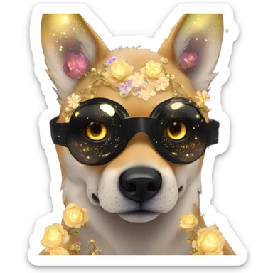 Black iridescent dog fox face head zombie skeleton gold mechanical nebula galaxy stars flowers fairy lights vintage sticker