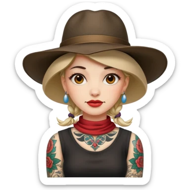 Woman with sleeve tattoos and wide-brim hat sticker