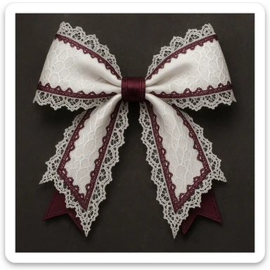 Edit the image to depict a white gothic bow with lace details and dark pink accents in a general style. sticker