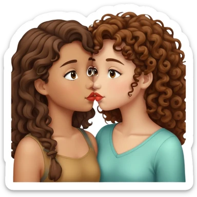 Two girls kissing both tan one with curly hair the other with straight hair both have brown hair sticker