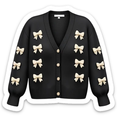 black cardigan with 8 tiny ivory bows all over front and sleeves, realistic 3d isolated, soft texture sticker