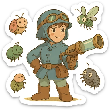 bug shooter whimsical character surrounded by cute bugs and a gadget sticker