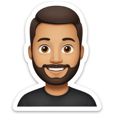Heavier-set producer with light brown skin, pear-shaped face, full cheeks, big cheerful smile, warm inviting eyes, thick eyebrows, wide nose, short well-groomed beard, very short dark hair, wearing a black shirt sticker