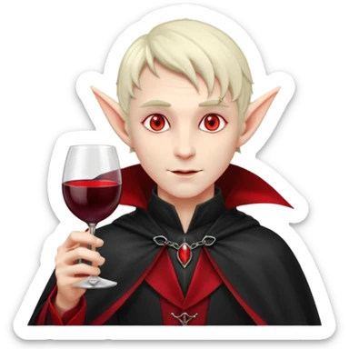 male elf vampire emoji, pale skin, red glowing eyes, long pointed ears, black high-collared cloak with red lining, holding a wine glass filled with red liquid, elegant Halloween fantasy look, smooth Apple emoji style, clean white background, square image sticker