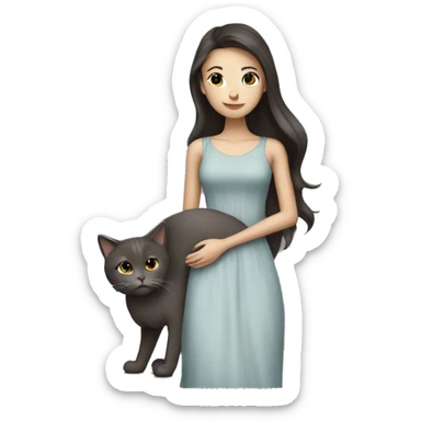 Beautiful skinny woman long dark brown hair in dress hug grey cat sticker