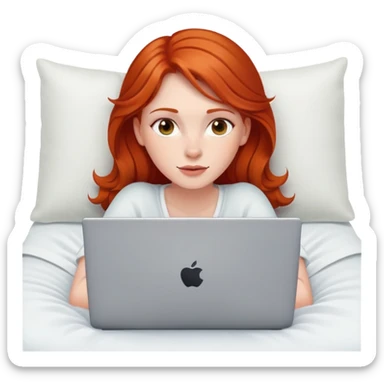 redhead woman is lying on the bed with laptop sticker