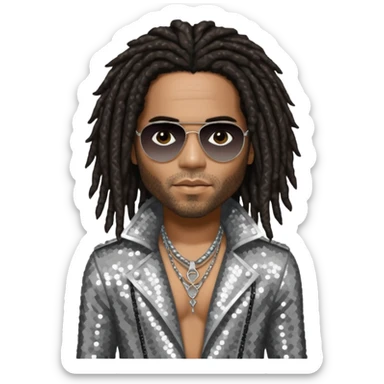 Lenny Kravitz with long dark brown dreadlocks, silver sequin outfit sticker