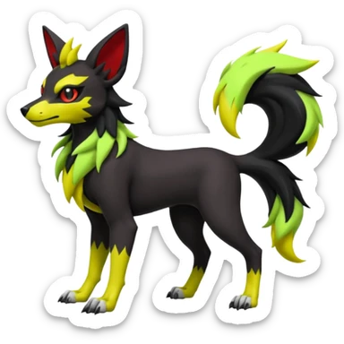 Hyper realistic skeletal black and neon green and neon yellow Poochyena-Lycanroc-Zorua-Litten-Houndoom-Fakémon-Pokémon-Digimon-hybrid-fusion (full body) sticker