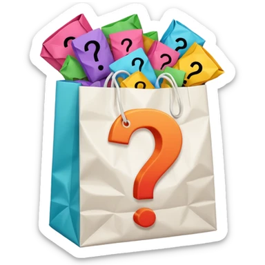 white goodiebag with questions mark boxes stuffed in it sticker