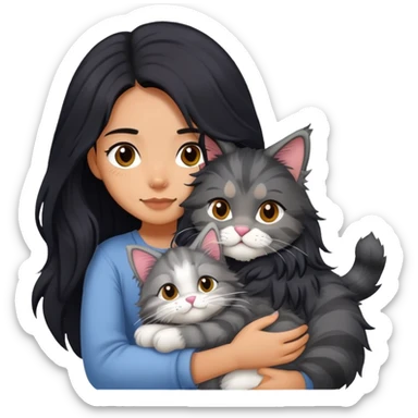 Girl with long black hair hugging a gray fluffy plush toy and a tricolor Maine Coon cat sticker