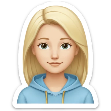 Caucasian woman, oval face, straight light blonde hair with side part, serene smile, dreamy expression, light blue hoodie with gold and white details sticker