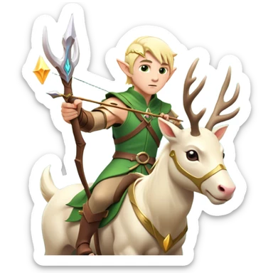 clash-of-clans-aesthetic-blond-male elf-archer-portrait-emoji, rendered in a flat, vector-style with minimal shading and bold, simplified shapes, head tilted slightly forward with a determined, focused expression, riding a majestic white stag whose antlers glow with mystical energy, set against an ancient, enchanted forest backdrop. sticker