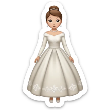 Chica blanca, pelo castaño con mondongos recogido, vestido novia invierno, cuerpo entero sticker