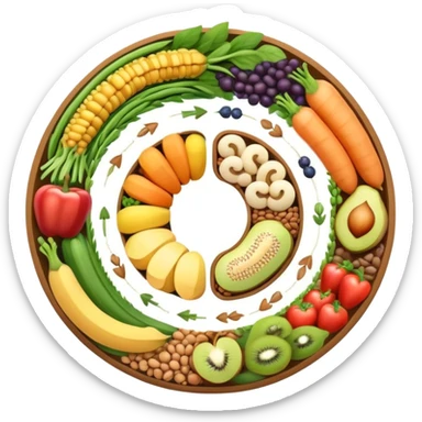 Dietary fiber concept with whole grains, fruits, vegetables and legumes arranged in a circular pattern, with a stylized intestine in the center showing fiber passing through, surrounded by small arrows indicating movement and digestion sticker