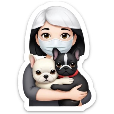 girl with short black straight hair and wearing a white mask and hugging a black French bulldog sticker