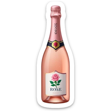 bottle of sparkling rosé with a rose logo on the label, angled to the left, no glass sticker