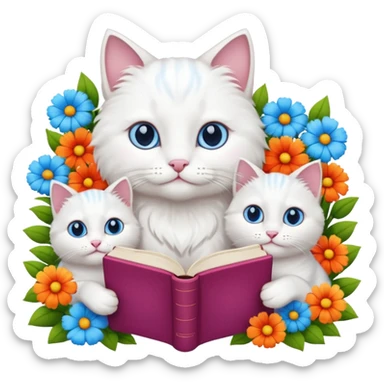  3 white Cats reading book + flowers  sticker