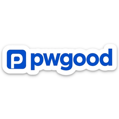 modern logo for 'pwgood' with bold sans-serif lettering, blue and white color scheme sticker