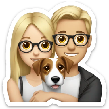 Blonde girl and her white boyfriend with brown hair and glasses cuddling a jack Russell  sticker