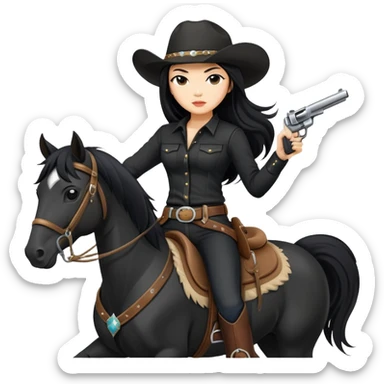confident Asian woman with long black hair wearing black outfit riding a horse cowgirl style with a pistol sticker