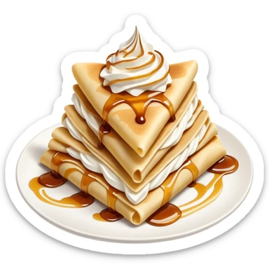 Crepe folded into triangle with maple syrup drizzled in zigzag over the top and a swirl of white whipped cream on the top right  sticker