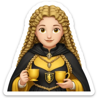 Helga Hufflepuff, 2 curly thick brown braids, yellow-black medieval dress, black cloak decorated with gold braiding, tiny two-handled shiny yellow-gold cup, very kind smile, curvy busty sweet woman, thick rosy cheeks sticker