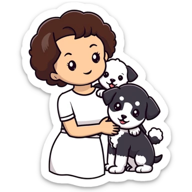 woman with short black hair hugging a brown poodle and a white bichon frise sticker