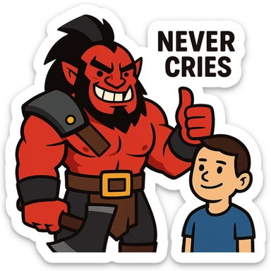 A cartoonish Dota 2 hero (like Axe) giving a thumbs-up to a player who never cries sticker