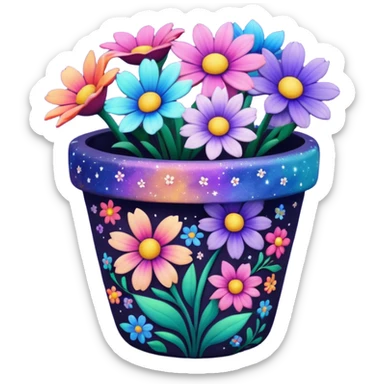 Galaxy Painted flower clay pot of Galaxy Colored Petalled Flowers, sticker