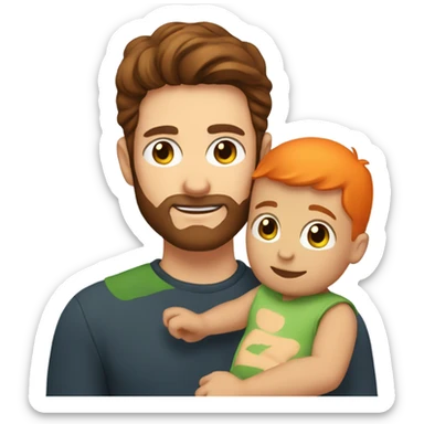 A guy with green eyes and dark brown hair and orange beard holding a baby boy sticker