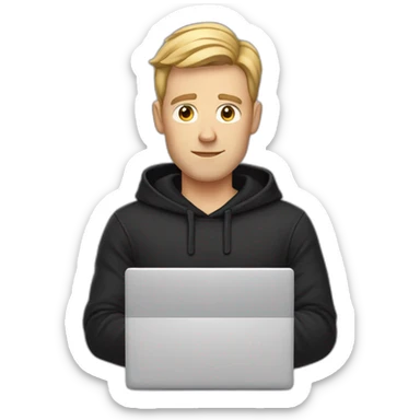 a serious-looking white man wearing a black hoodie behind a laptop sticker