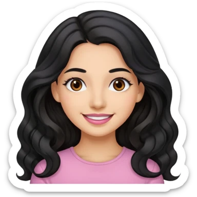 a woman is smile, her hair is long wavy and the color is black, her eyes color are brown and the color of her lip is soft pink sticker