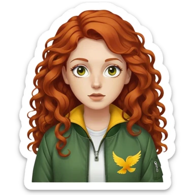 white female with long curly red brown hair with white pieces in the front framing the face, thinner eyes with a small wing eyeliner, wearing a dark green bomber jacket with a yellow long sleeve underneath  sticker