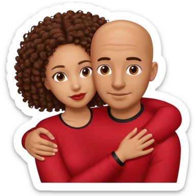 A picture of a tanned couple embracing. the guy is Mexican, with a bald hair cut and he is wearing a red shirt. the girl is mixed, the girl is wearing a black shirt, the girl has brown curly big hair and with big boobs  sticker