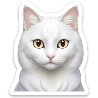 Cinematic Noble White Cat Portrait Emoji, Poised and stately, with a pristine, snow-white fur accented by delicate hints of silver, refined whiskers and a serene, focused gaze, simplified yet impeccably detailed, glowing with an ethereal radiance and timeless elegance, high shine, exuding calm intelligence and regal simplicity, soft glowing outline, capturing the essence of a noble white cat that radiates quiet majesty! sticker