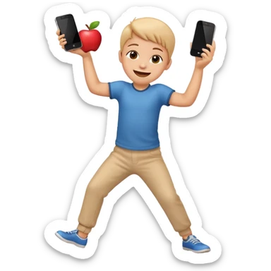 happy child dancing with a phone, leaning back, apple style emoji sticker