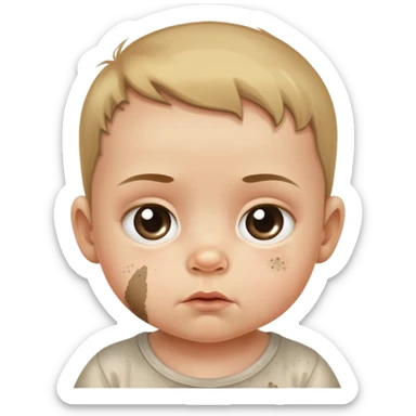 baby with suspicious expression and dirt smudges on cheeks sticker